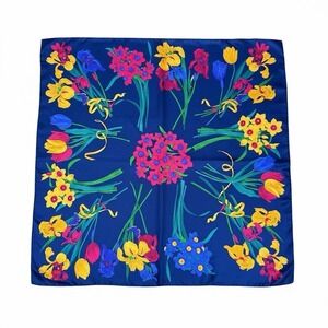 Vintage Floral Silk Scarf Blue Tulip Iris Botanical Square 30"x30" Cottagecore
